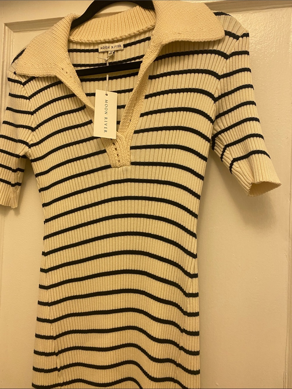 Moon River Cream and Black Striped Ribbed Knit Polo Dress